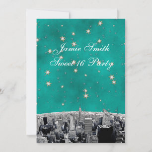 Etched NYC Skyline 2 Teal Gold Star Sweet 16 V Invitation