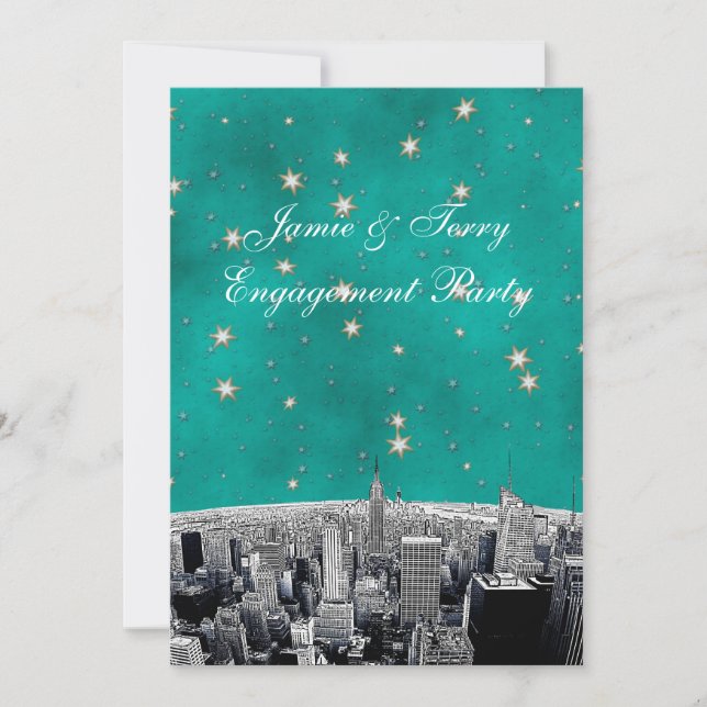 Etched NYC Skyline 2 Teal Gold Star V Engagement Invitation (Front)