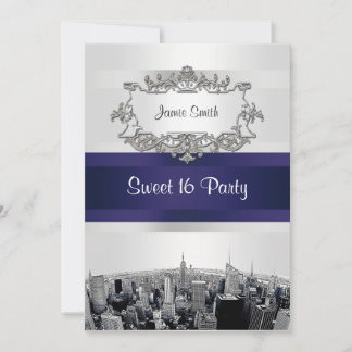 Etched NYC Skyline 2 White, Blue Ribbon Sweet 16 Invitation