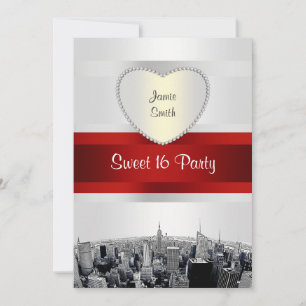 Etched NYC Skyline 2H White, Red Ribbon Sweet 16 Invitation