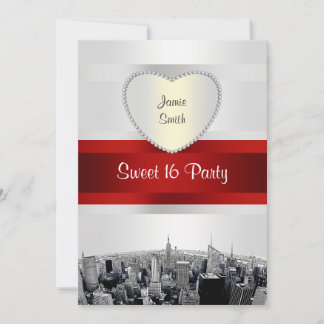 Etched NYC Skyline 2H White, Red Ribbon Sweet 16 Invitation