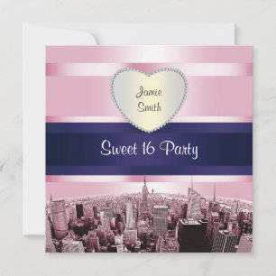 Etched NYC Skyline 2P Pink Blue Rbn H Sweet 16 Pty Invitation