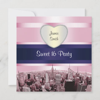Etched NYC Skyline 2P Pink Blue Rbn H Sweet 16 Pty Invitation