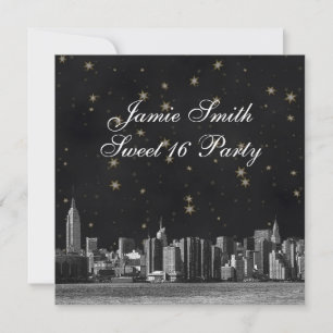 Etched NYC Skyline #3 Black Gold Star Sweet 16 Invitation