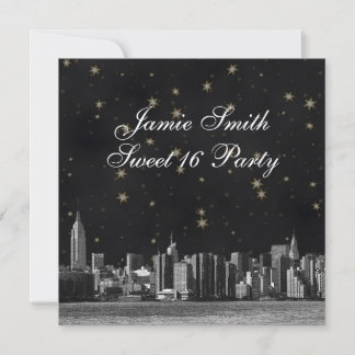 Etched NYC Skyline #3 Black Gold Star Sweet 16 Invitation