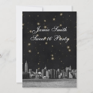 Etched NYC Skyline #3 Black Gold Star Sweet 16 V Invitation