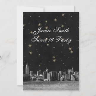 Etched NYC Skyline #3 Black Gold Star Sweet 16 V Invitation