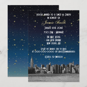 Etched NYC Skyline #3 Starry Blu Sunset Sweet 16 V Invitation