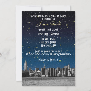 Etched NYC Skyline #3 Starry Blu Sunset Sweet 16 V Invitation