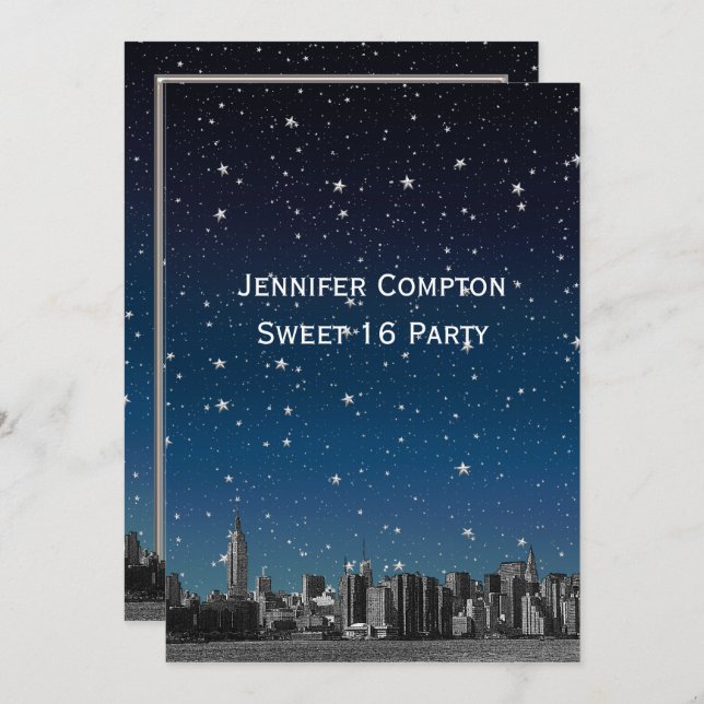 Etched NYC Skyline #3V2 Starry Blu Sunset Sweet 16 Invitation (Front/Back)
