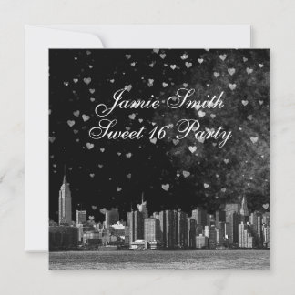 Etched NYC Skyline Black BG White Heart Sweet 16 Invitation