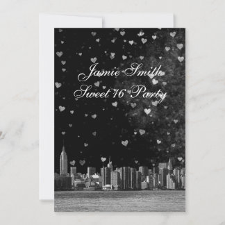 Etched NYC Skyline Black BG White Heart Sweet 16 V Invitation