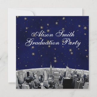Etched NYC Skyline Blue Gold Star White Graduation Invitation