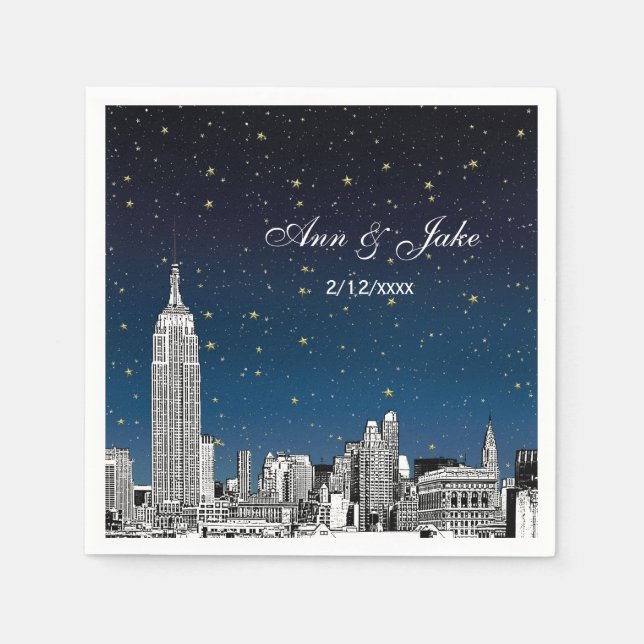 Etched NYC Skyline Blue Starry Wedding Napkin (Front)