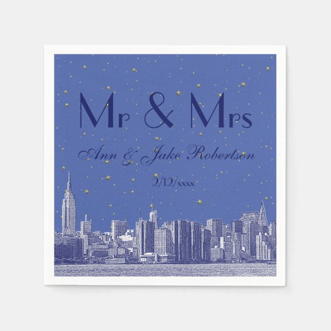 Etched NYC Skyline DIY BG Blue Starry Wedding Napkin (Front)
