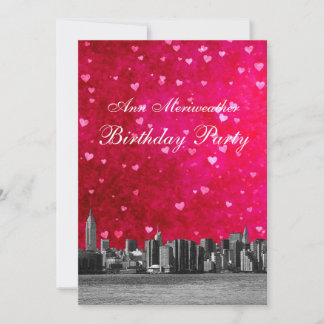 Etched NYC Skyline Hot Pink Red Heart Birthday V Invitation