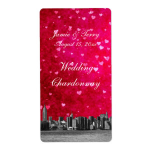 Etched NYC Skyline Hot Pink Red Heart Wine Label