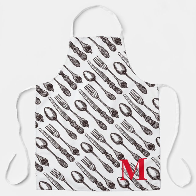 Etched Vintage Silverware Classic Foodie Initial Apron (Front)