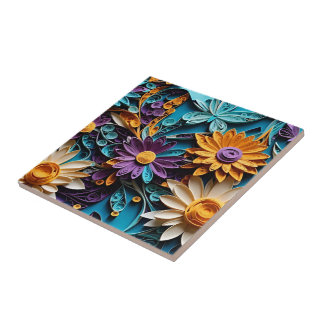 Eternal Blooms: Quilled Floral Paper Artwork on Tile