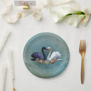 Eternal Bond, Black and White Swans in Love.  Paper Plate