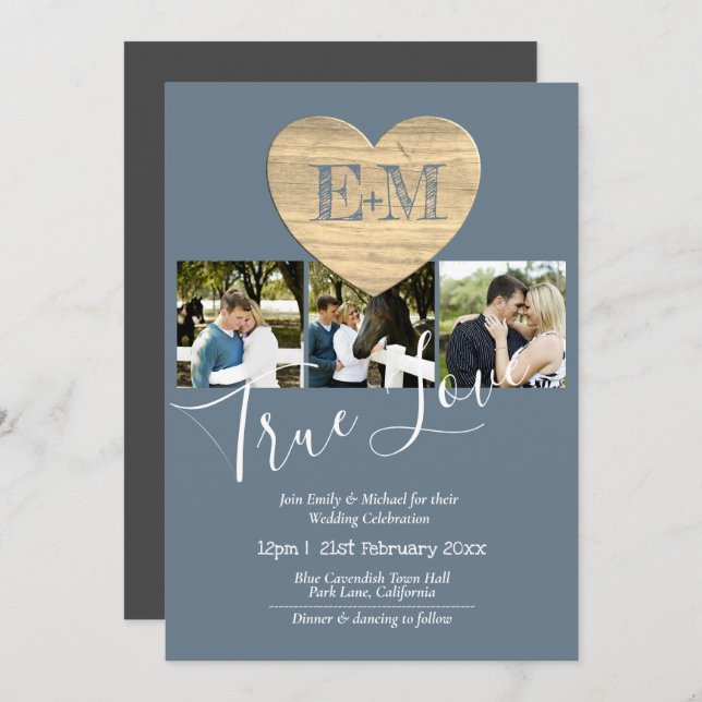 Eternal Heart Steel Blue Photo Collage Wedding Invitation (Front/Back)