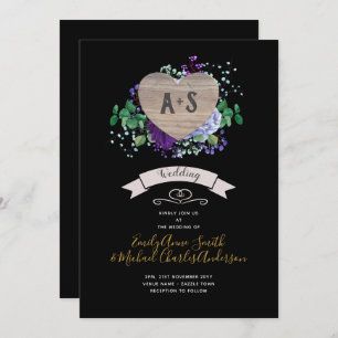 Eternal Heart Wedding Invite Black Purple Floral