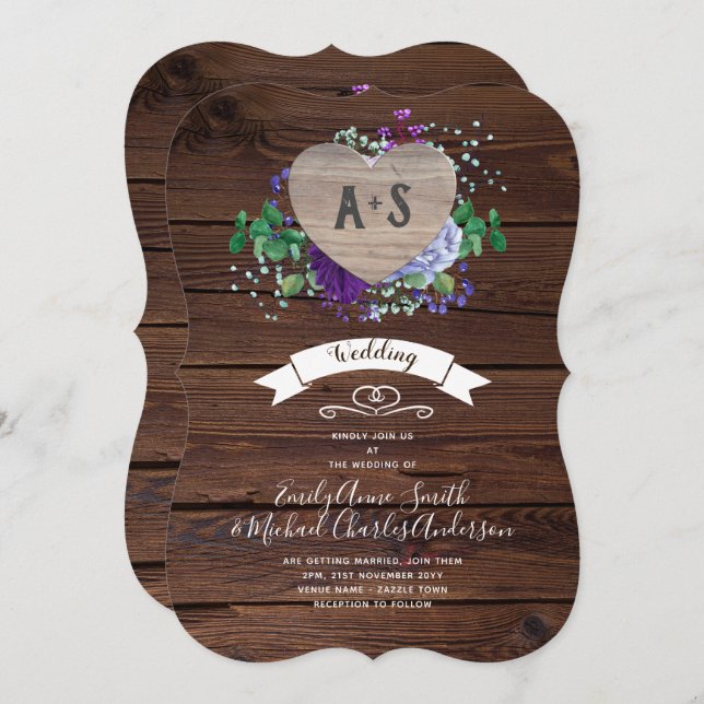 Eternal Heart Wedding Invite Rustic Blue Flowers (Front/Back)