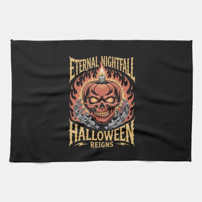 Eternal Nightfall Halloween Skull Pumpkin Tea Towel (Horizontal)