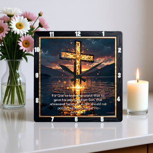 Eternal Promise The Cross Veined Water John 3:16  Square Wall Clock