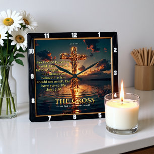 Eternal Promise The Cross Veined Water John 3:16  Square Wall Clock
