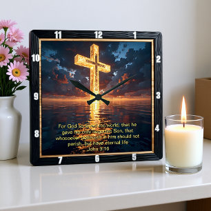 Eternal Promise The Cross Water Sunset John 3:16  Square Wall Clock