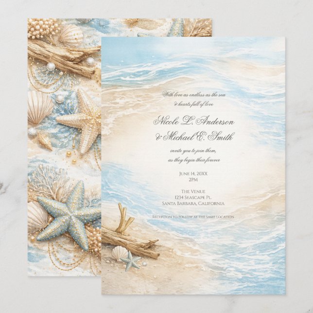 Eterntal Tides Coastal Watercolor Beach Wedding Invitation (Front/Back)