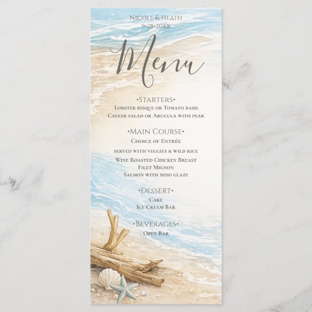 Eterntal Tides Coastal Watercolor Beach Wedding Menu (Front)