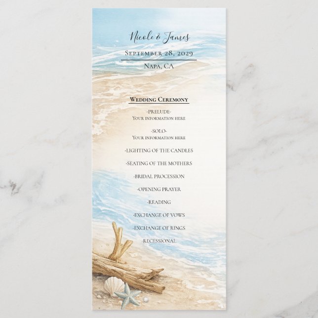 Eterntal Tides Coastal Watercolor Beach Wedding Menu (Front)
