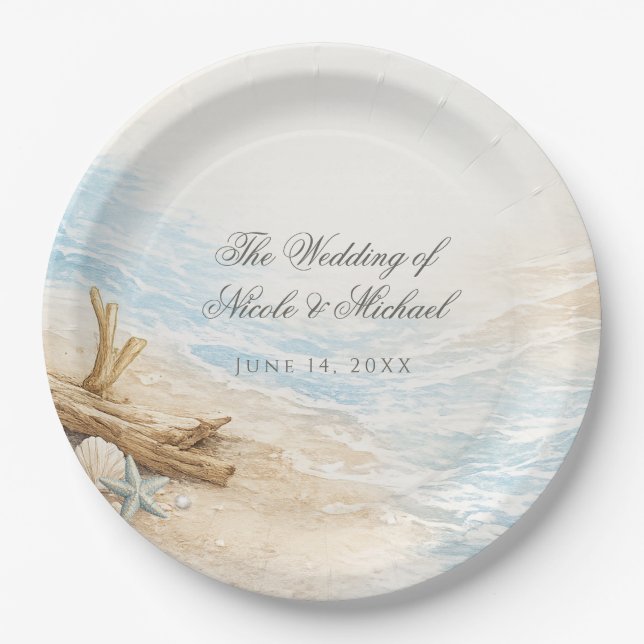 Eterntal Tides Coastal Watercolor Beach Wedding Paper Plate (Front)