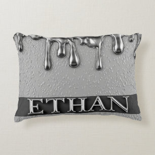 Ethan Chrome Nameplate With Liquid Metal Drips Decorative Cushion