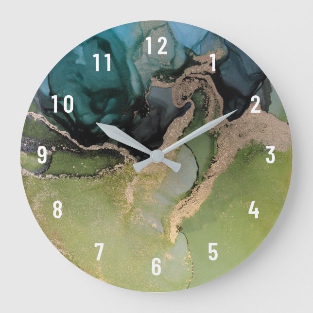 Ethereal Abstract Teal Black Green Gold Large Clock (Front)