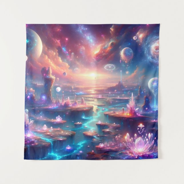 Ethereal Alien Landscape with Floating Crystals Tapestry (Front)