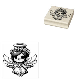 Ethereal Angelic Chibi - angel, halo, flowers Rubber Stamp