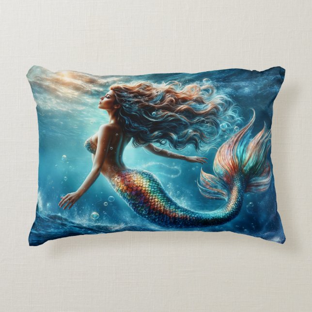 Ethereal aquatic mermaid beauty in deep blue decorative cushion (Front)