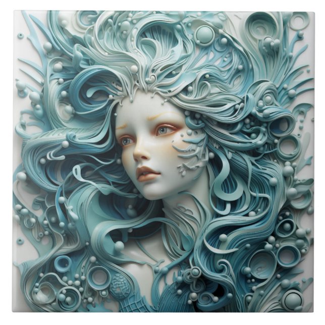 Ethereal Beauty, Detailed Blue-haired Mermaid Tile (Front)