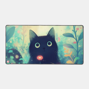 Ethereal Black Cat Coral Pink Whimsical Garden Desk Mat