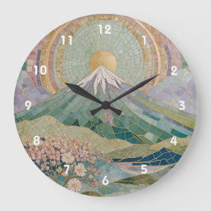 Ethereal Bloom: Pastel Mosaic Volcano in Spring Large Clock