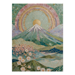 Ethereal Bloom: Pastel Mosaic Volcano in Spring Poster