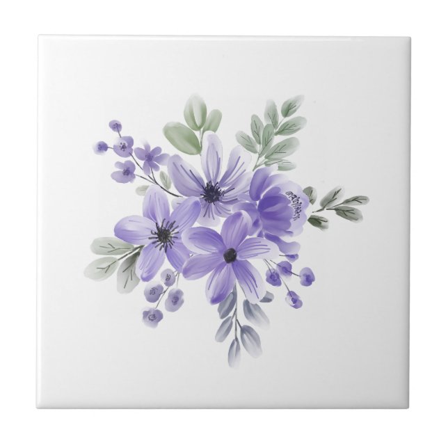 "Ethereal Blooms: Purple Watercolor Flower Bouquet Tile (Front)