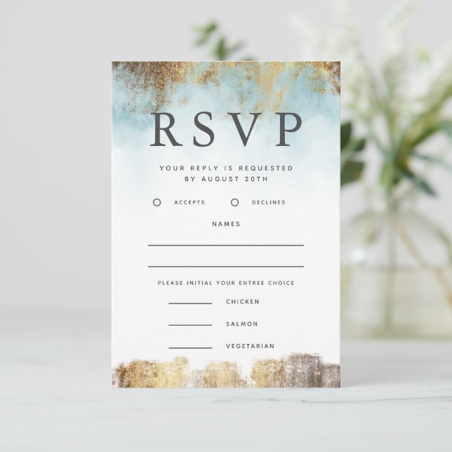 Ethereal Blue and Gold RSVP with Meal Choice Card (Standing Front)