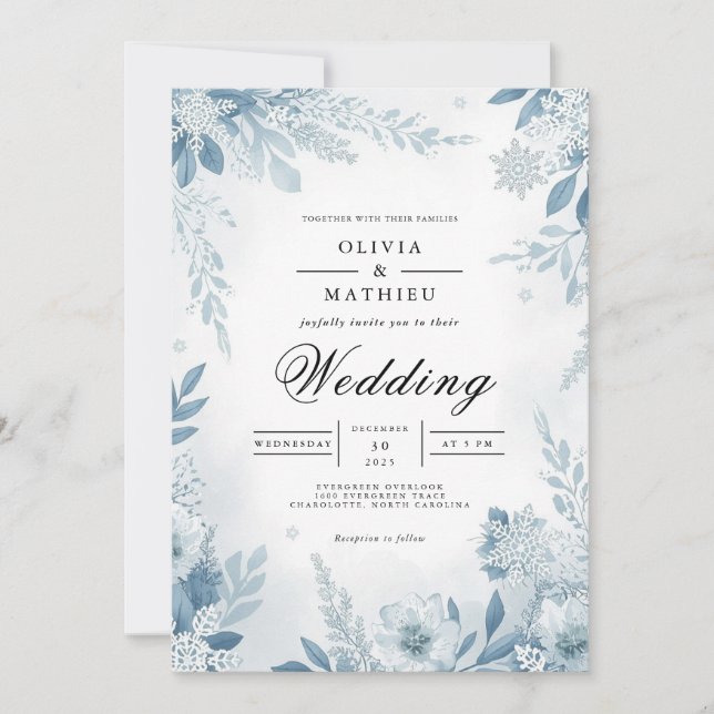 Ethereal Blue Blossom Winter Wedding Invitation (Front)
