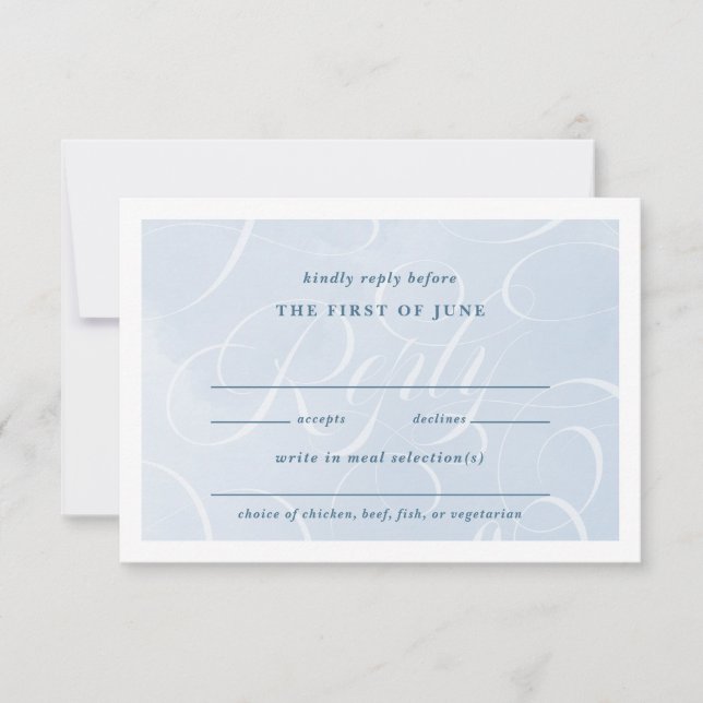 Ethereal Blue Classic Script Watercolor Wedding RSVP Card (Front)