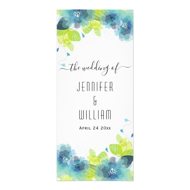 Ethereal blue flowers, calligraphy wedding program rack card (Front)