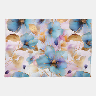 Ethereal Blue Flowers in Soft Pastels Alcohol Ink Tea Towel